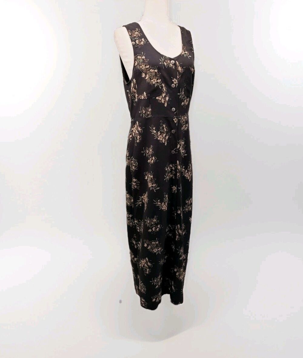 Vintage Directives Button Up Maxi Dress Sz M Black Floral Sleeveless Cottagecore